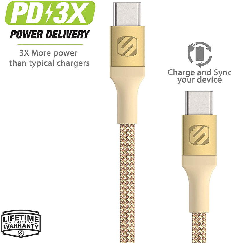 SCOSCHE CCB4GD-SP Strikeline Premium USB-C to USB-C Sync Braided Charging Cable, 4 feet, Gold
